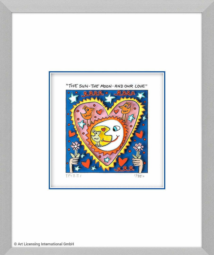 James Rizzi 3D-Bild "The Sun - The Moon - And Our Love" (2022), Gerahmt Humor / Karikatur