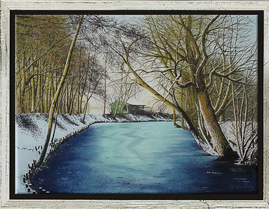 Leo Windeln Bild "Winterlandschaft Am Weiher" (2024) (Original / Unikat), Gerahmt Originale / Unikate