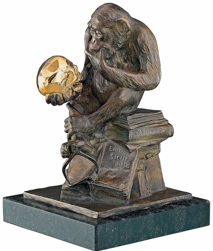 Wolfgang Hugo Rheinhold Skulptur "Affe Mit Schadel" (1892-93), Version In Bronze Humor / Karikatur