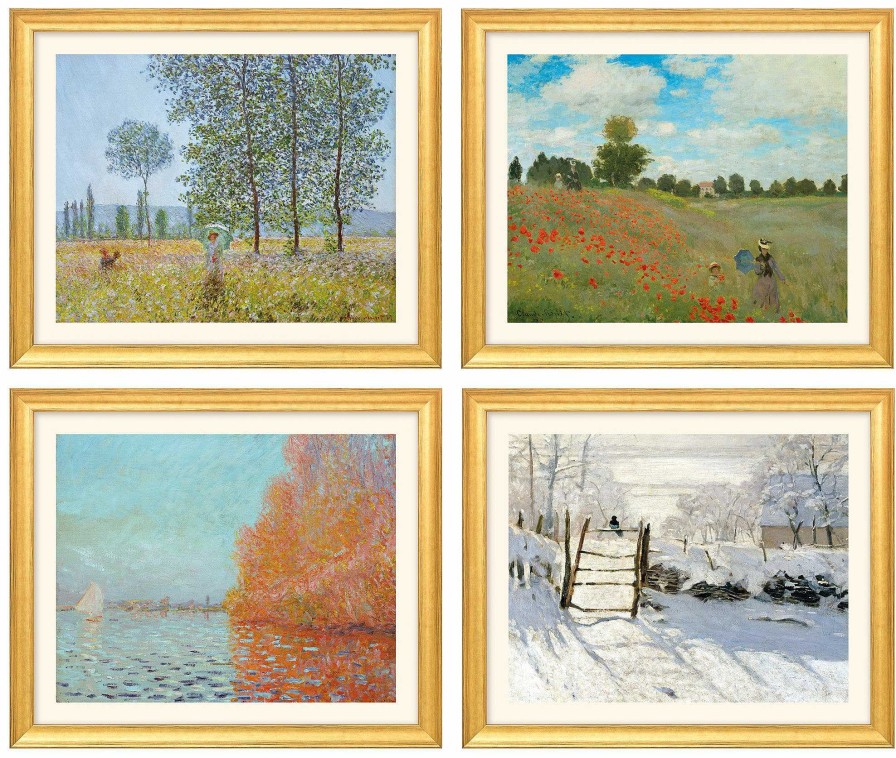 Claude Monet 4 Landschaftsbilder Im Set, Version Goldfarben Gerahmt Landschaft