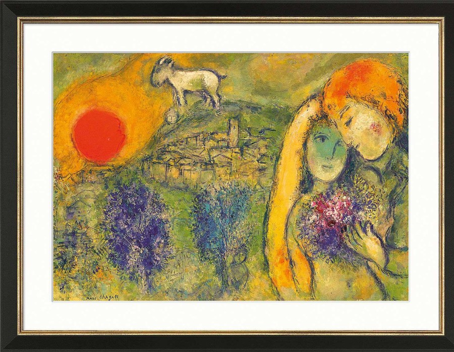 Marc Chagall Bild "Die Liebenden Von Vence (Les Amoureux De Vence)" (1957), Version Schwarz-Goldfarben Gerahmt Giclee