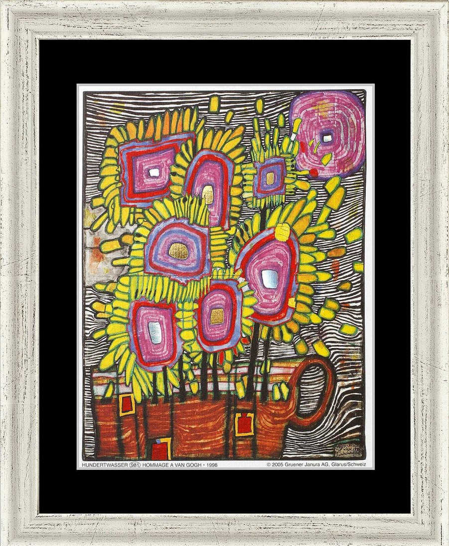 Friedensreich Hundertwasser (981) Bild "Straus - Blumenstraus (Hommage A Van Gogh), Schwarz" (1998), Gerahmt Blumen