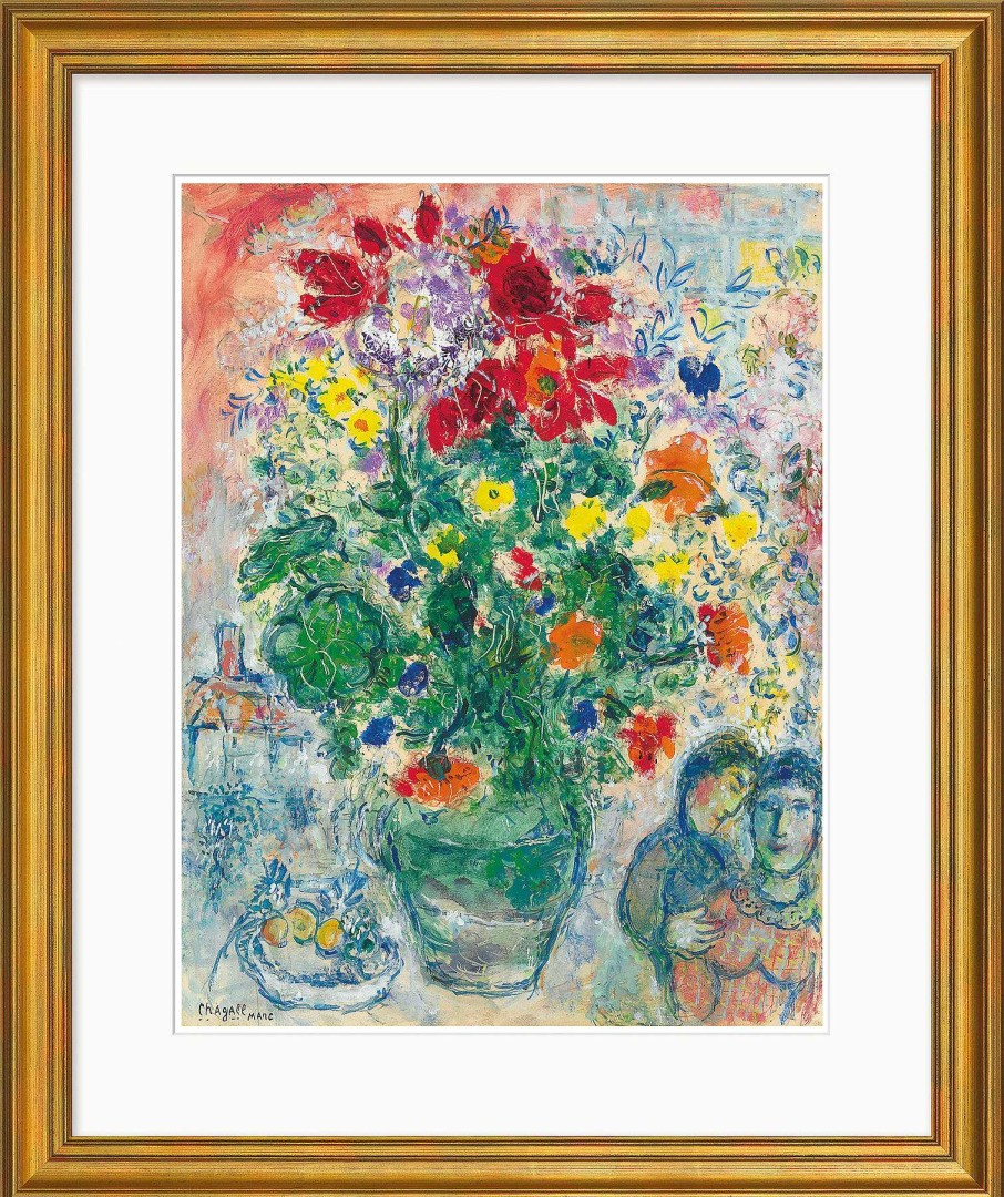 Marc Chagall Bild "Bouquet De Renoncules" (1968), Version Goldfarben Gerahmt Blumen