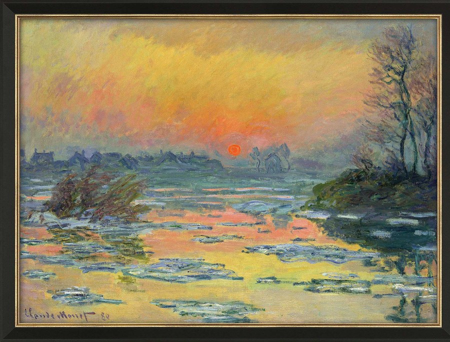 Claude Monet Bild "Sonnenuntergang An Der Seine Im Winter" (1880), Version Schwarz-Goldfarben Gerahmt Meer / Seefahrt