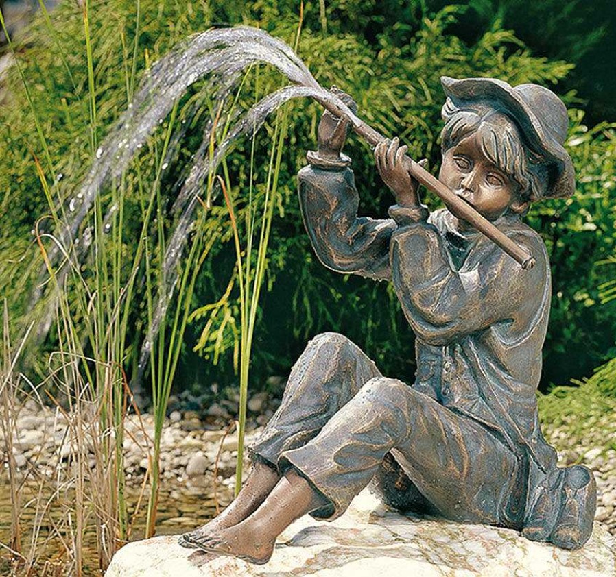 ars mundi Gartenskulptur / Wasserspeier "Flotenspielender Hans Im Gluck" (Version Ohne Stein), Bronze Wasserspeier & Brunnen