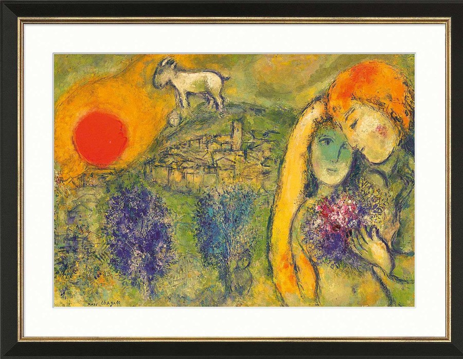 Marc Chagall Bild "Die Liebenden Von Vence (Les Amoureux De Vence)" (1957), Version Schwarz-Goldfarben Gerahmt Sonstige Motive