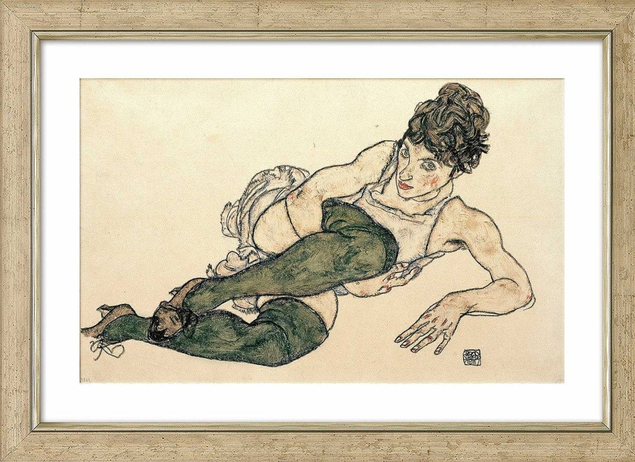 Egon Schiele Bild "Liegende Frau Mit Grunen Strumpfen" (1917), Gerahmt Expressionismus