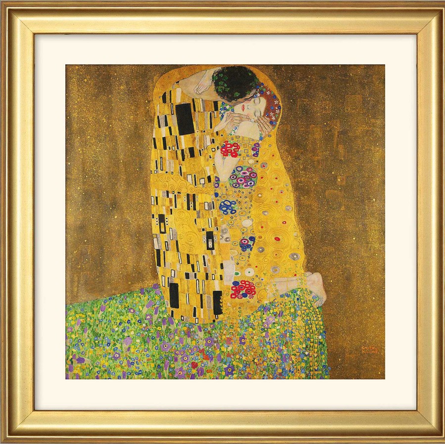 Gustav Klimt Bild "Der Kuss" (1907-08), Gerahmt Jugendstil / Art Deco