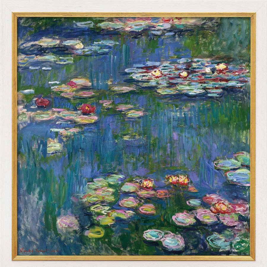 Claude Monet Bild "Seerosen" (1916), Version Weis-Goldfarben Gerahmt Giclee