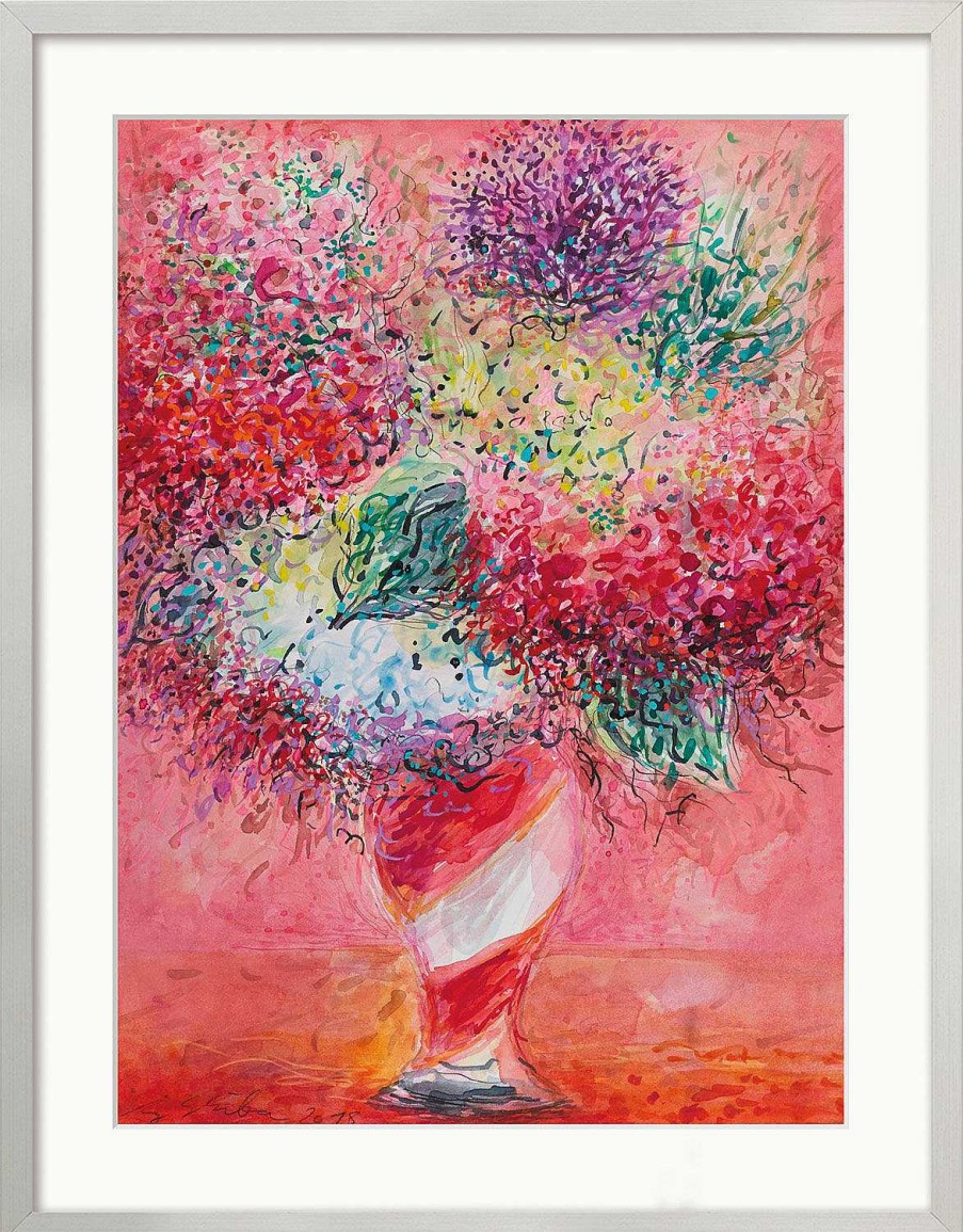 Ansgar Skiba Bild "Blumen In Gestreifter Vase" (2018-2020) (Original / Unikat), Gerahmt Aquarelle