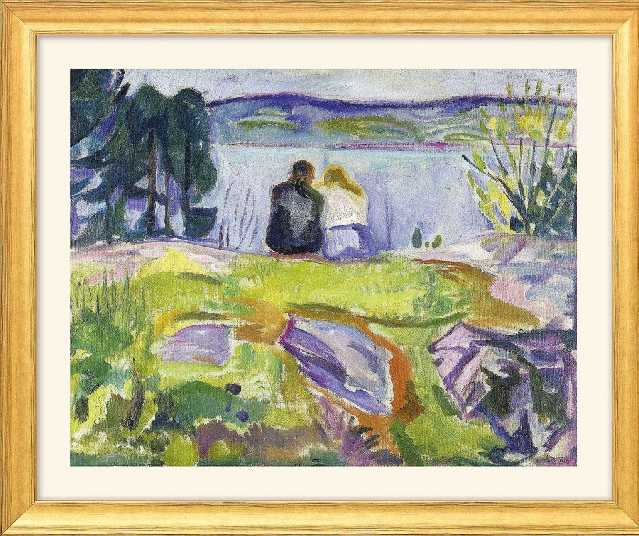 Edvard Munch Bild "Fruhling (Liebespaar Am Ufer)" (1911-13) - Aus "Jahreszeiten-Zyklus", Version Goldfarben Gerahmt Expressionismus