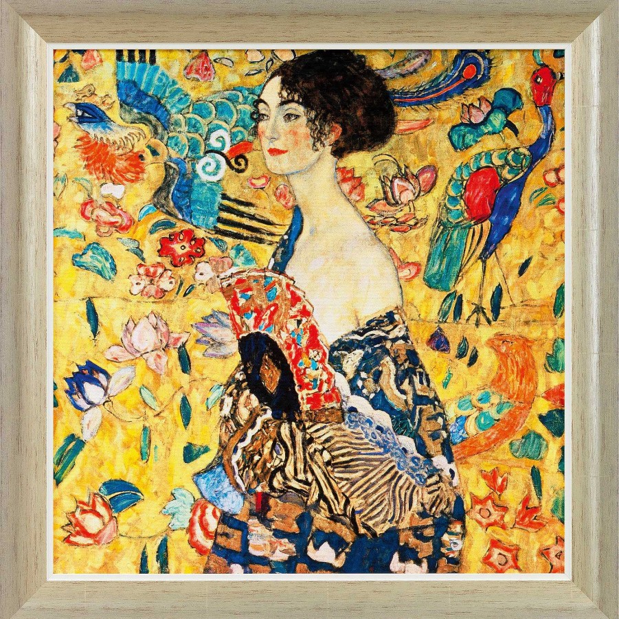 Gustav Klimt Bild "Dame Mit Facher" (1917/18), Version Platinfarben Gerahmt Jugendstil / Art Deco