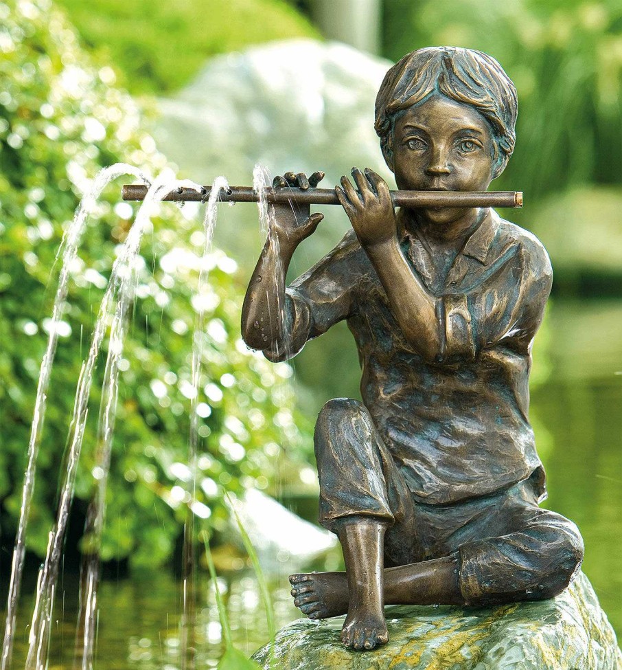 ars mundi Gartenskulptur / Wasserspeier "Flotenspielender Clemens", Bronze Wasserspeier & Brunnen