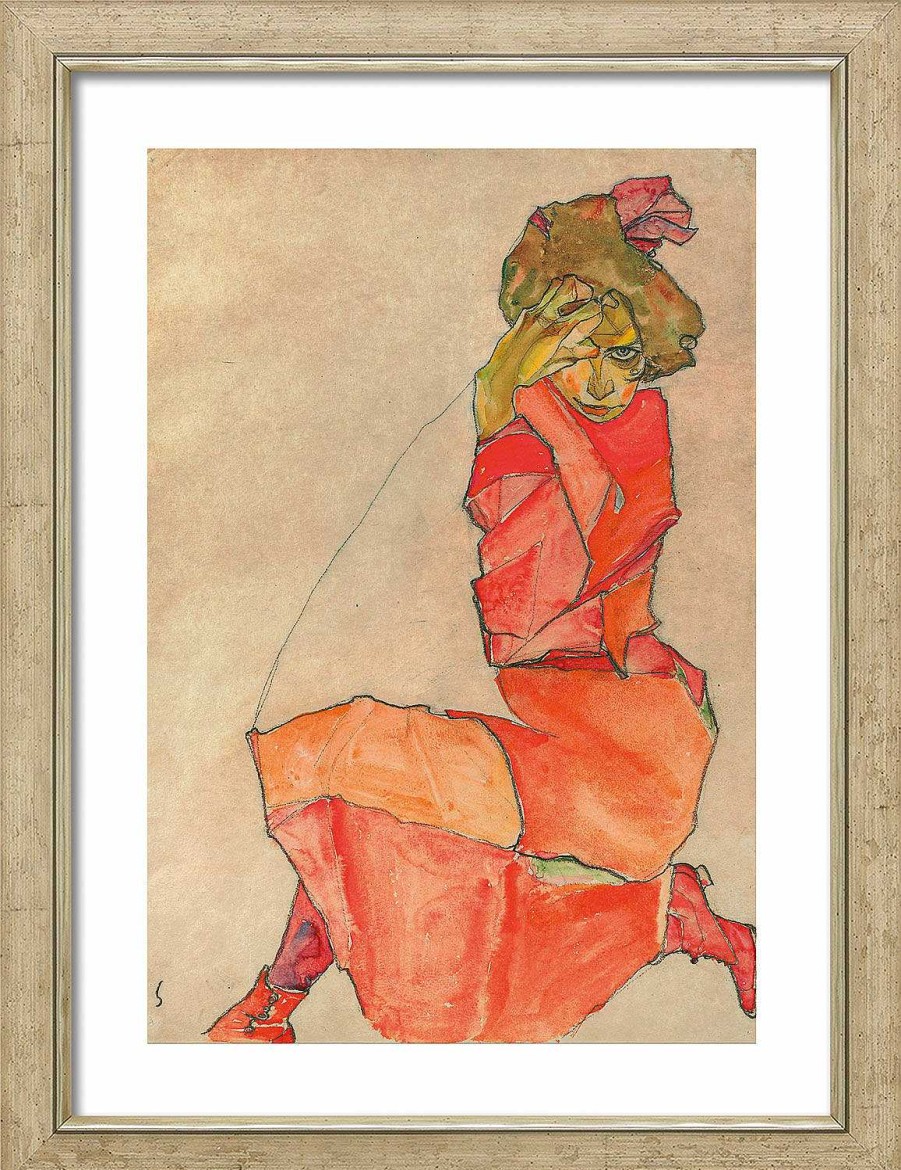 Egon Schiele Bild "Kniende In Orange-Rotem Kleid" (1910), Gerahmt Portrats