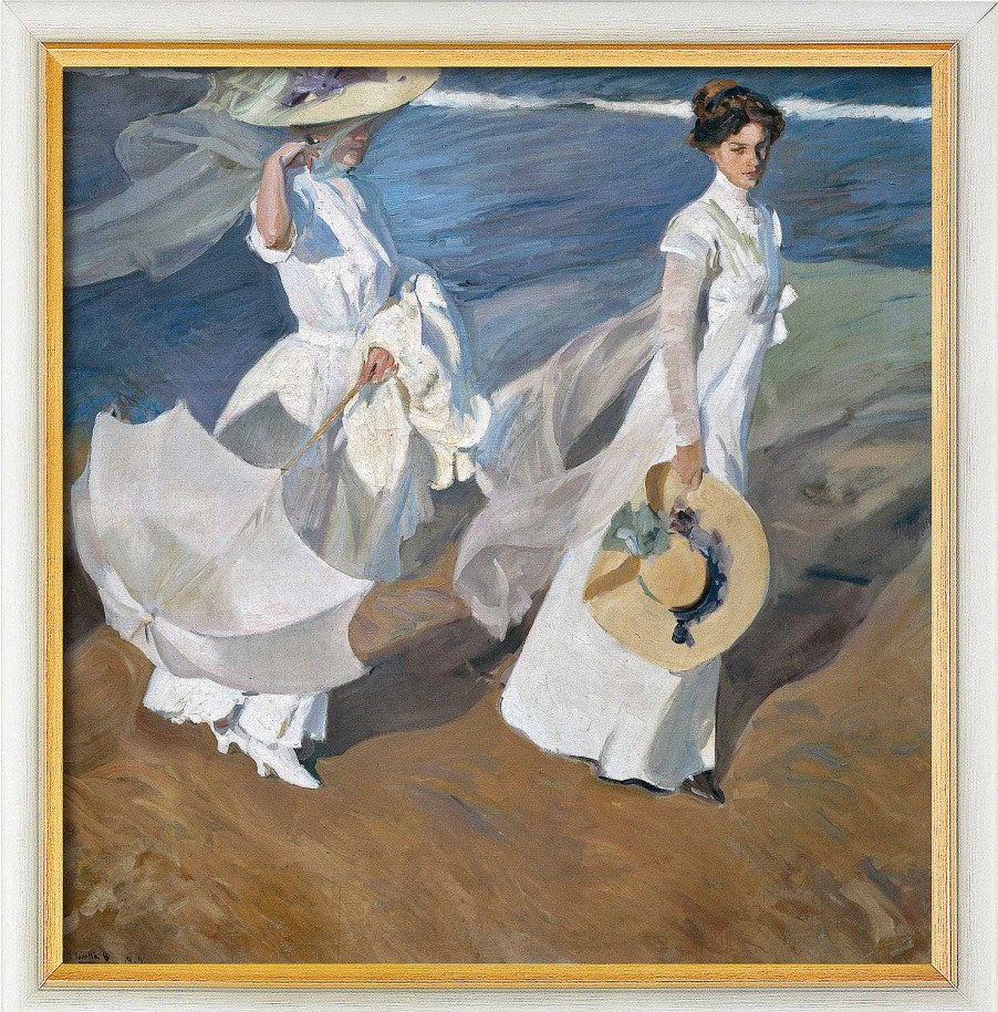 Joaquín Sorolla y Bastida Bild "Spaziergang Am Strand" (1909), Version Weis-Goldfarben Gerahmt Impressionismus