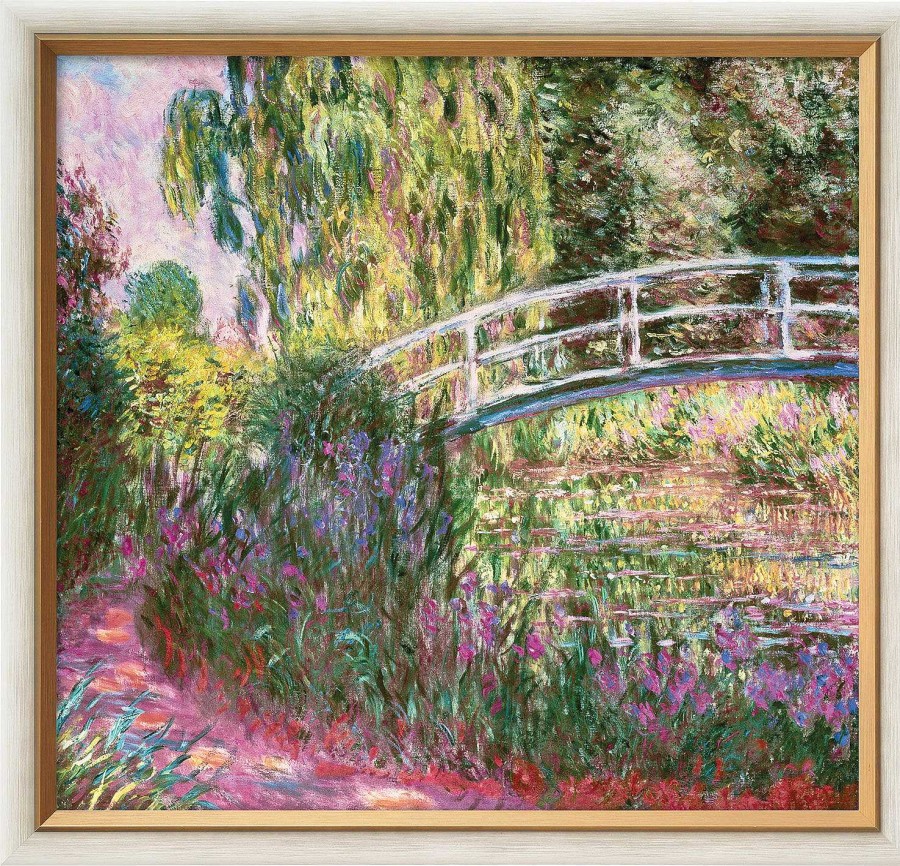 Claude Monet Bild "Die Japanische Brucke Im Garten Von Giverny" (Um 1900), Version Weis-Goldfarben Gerahmt Impressionismus