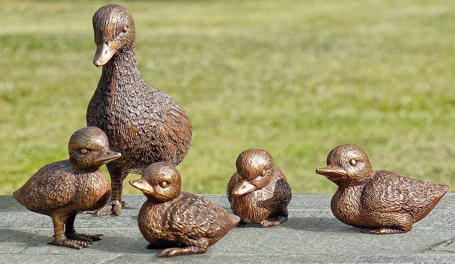 ars mundi 5 Gartenskulpturen "Entenfamilie" Im Set, Bronze Gartenobjekte