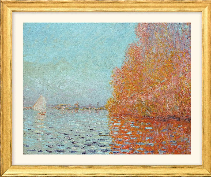 Claude Monet Bild "Die Bucht Von Argenteuil Mit Einem Segelboot" (1874), Version Goldfarben Gerahmt Meer / Seefahrt