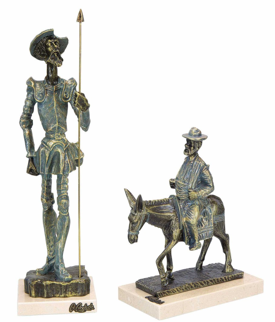 Angeles Anglada Skulpturenset "Don Quijote Und Sancho Panza En Burro", Kunstguss Steinoptik Statuetten