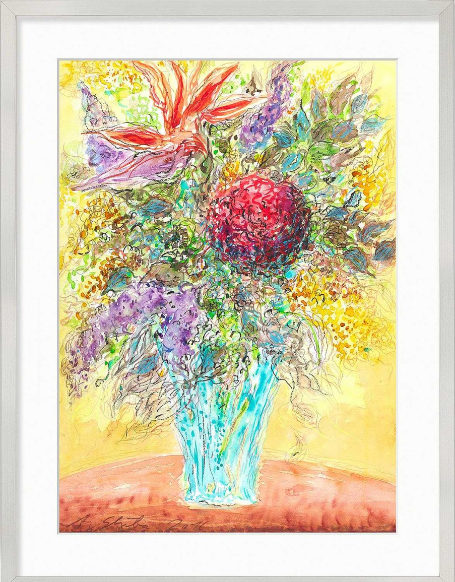 Ansgar Skiba Bild "Blumenstraus In Hellblauer Vase" (2016-2017) (Original / Unikat), Gerahmt Stillleben