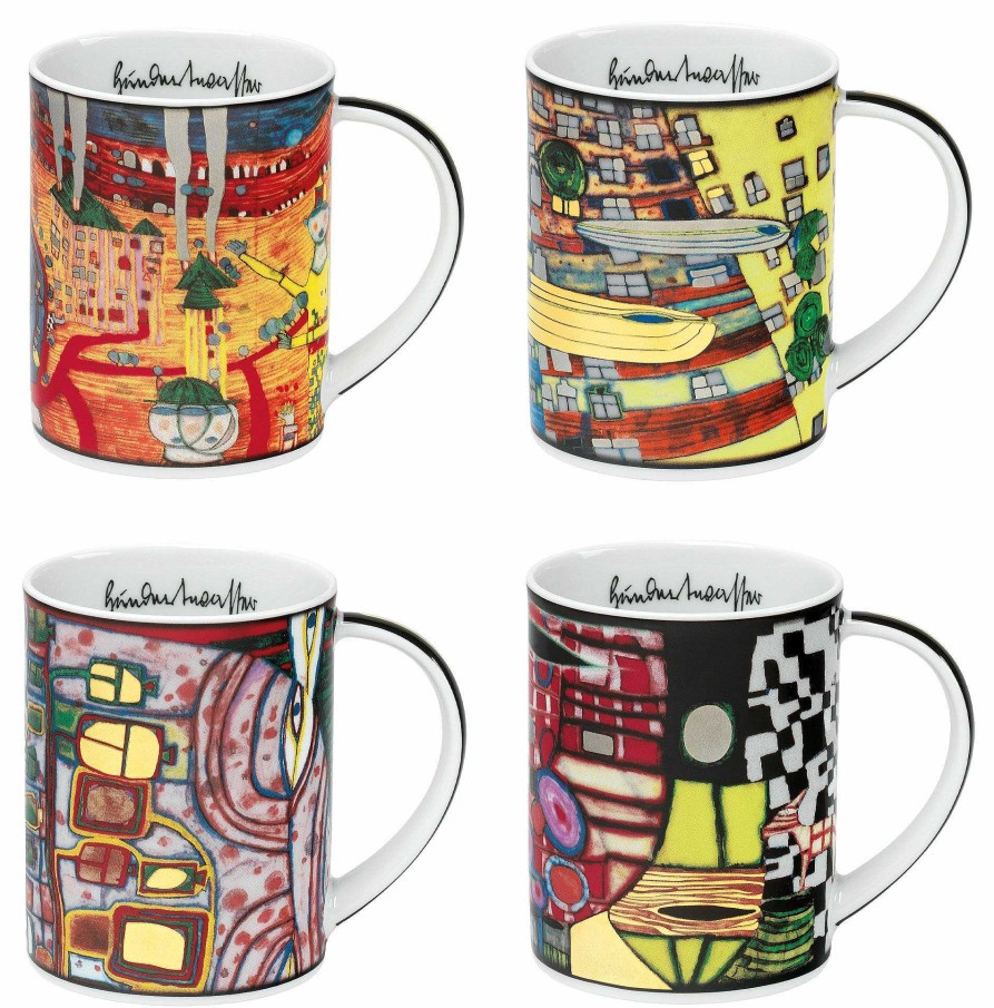 Friedensreich Hundertwasser 4 Becher "Magic Mugs 2021" Im Set, Porzellan Geschirr