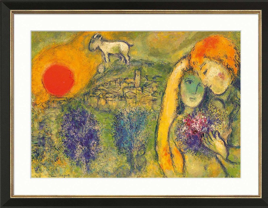 Marc Chagall Bild "Die Liebenden Von Vence (Les Amoureux De Vence)" (1957), Version Schwarz-Goldfarben Gerahmt Klassische Moderne