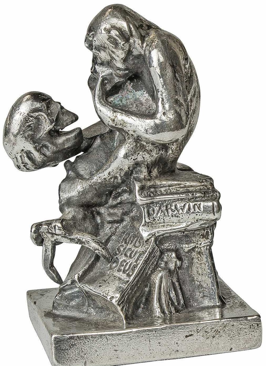 Wolfgang Hugo Rheinhold Skulptur "Affe Mit Schadel" (1892-93), Version In Metallguss Versilbert Kleinplastiken / Miniaturen