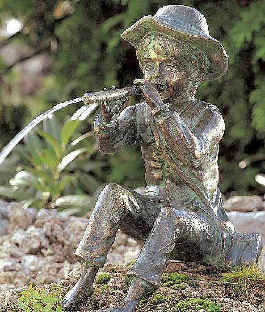 ars mundi Gartenskulptur / Wasserspeier "Toni, Der Kleine Flotenspieler", Bronze Wasserspeier & Brunnen