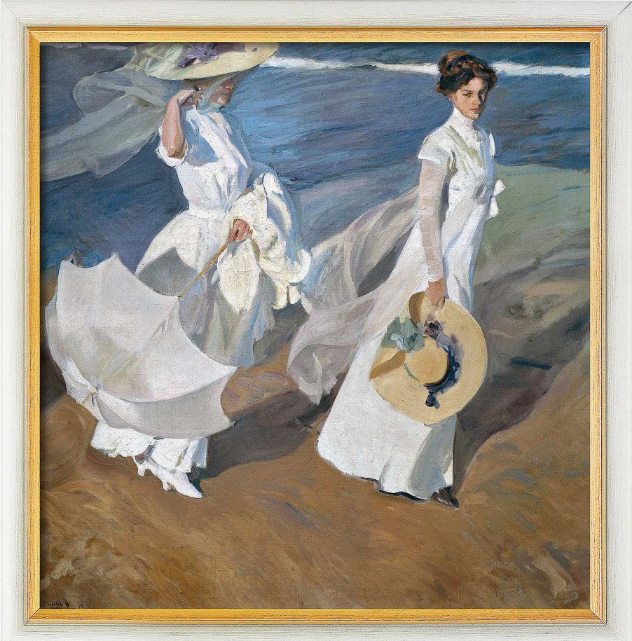 Joaquín Sorolla y Bastida Bild "Spaziergang Am Strand" (1909), Version Weis-Goldfarben Gerahmt Genreszenen