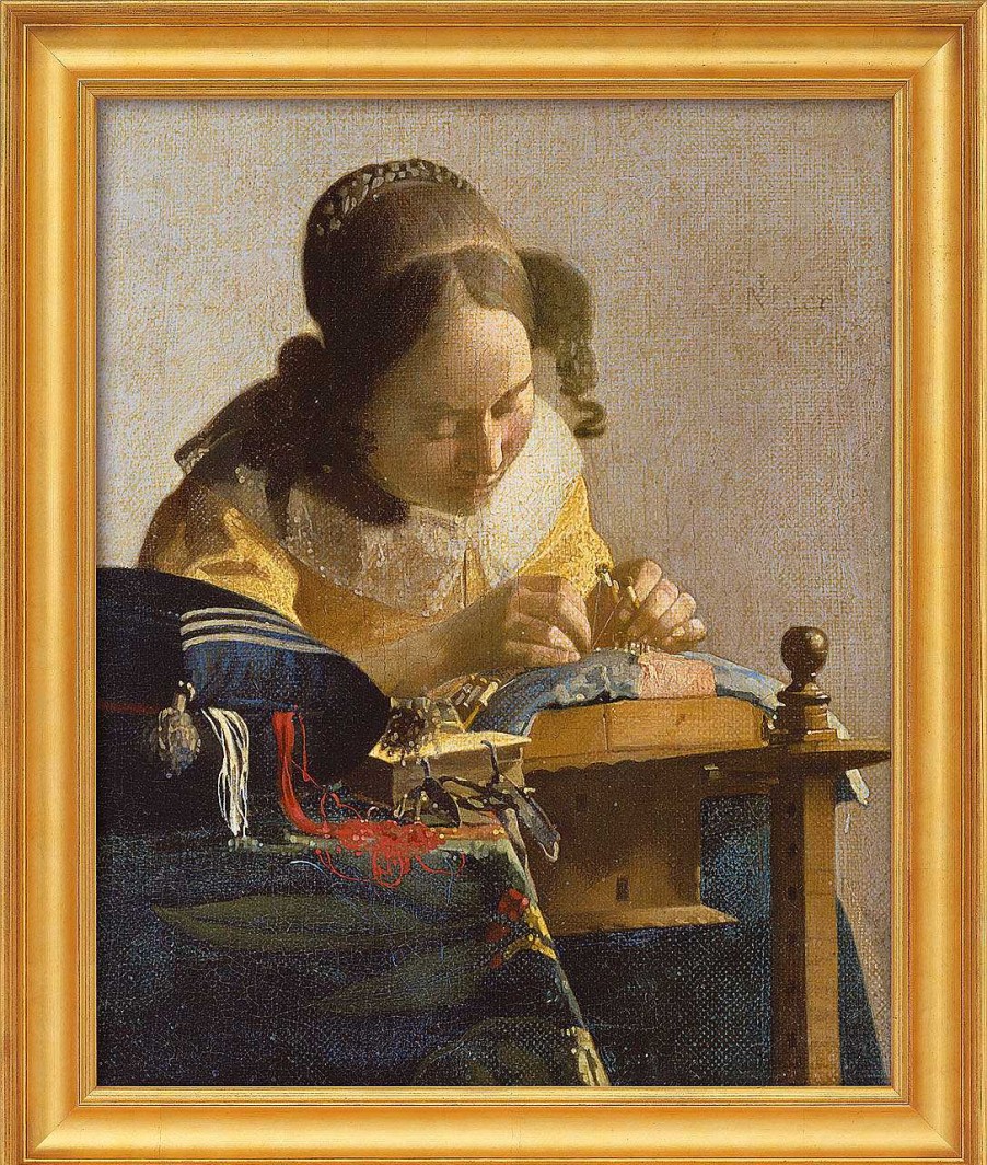 Jan Vermeer van Delft Bild "Die Spitzenklopplerin" (1669-70), Gerahmt Barock / Rokoko