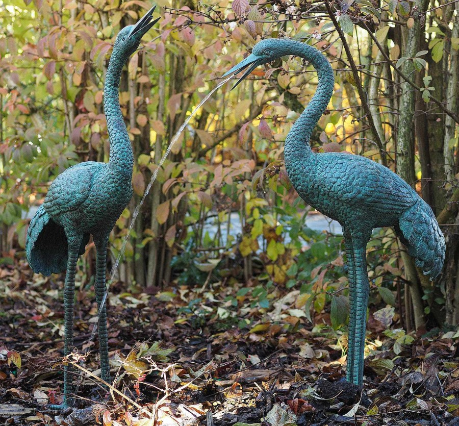 ars mundi 2 Gartenskulpturen / Wasserspeier "Kranichpaar" Im Set, Bronze Wasserspeier & Brunnen