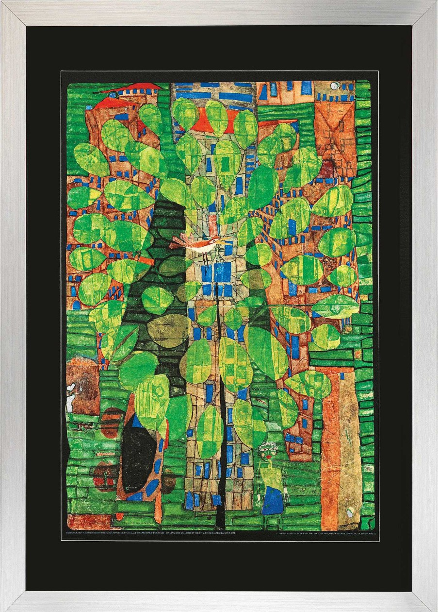 Friedensreich Hundertwasser Bild "Singender Vogel Auf Einem Baum In Der Stadt", Gerahmt Sonstige Motive