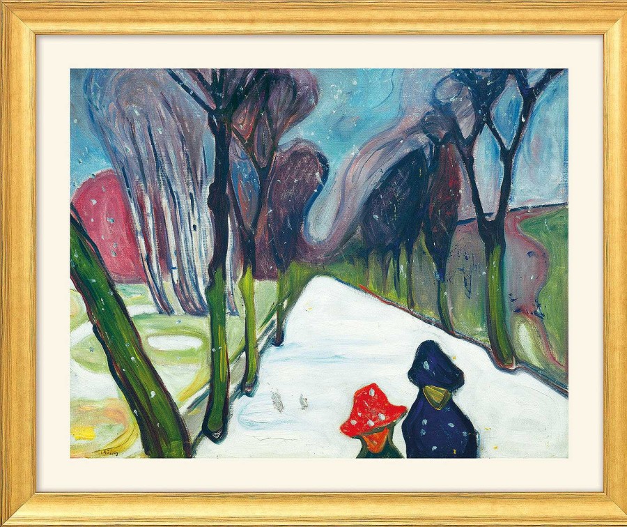 Edvard Munch Bild "Allee Im Schneegestober" (1906) - Aus "Jahreszeiten-Zyklus", Version Goldfarben Gerahmt Expressionismus