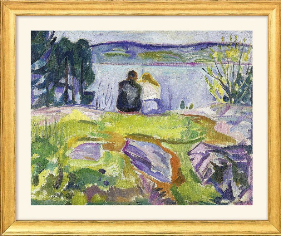 Edvard Munch Bild "Fruhling (Liebespaar Am Ufer)" (1911-13) - Aus "Jahreszeiten-Zyklus", Version Goldfarben Gerahmt Landschaft