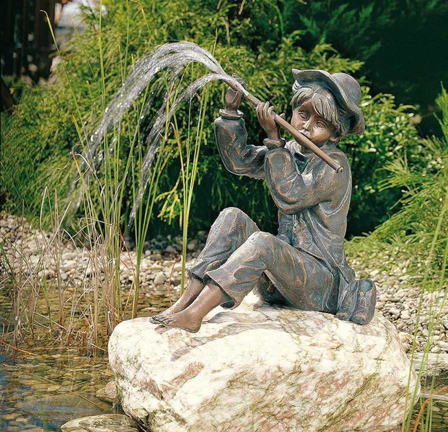 ars mundi Gartenskulptur / Wasserspeier "Flotenspielender Hans Im Gluck" (Version Mit Stein), Bronze Wasserspeier & Brunnen