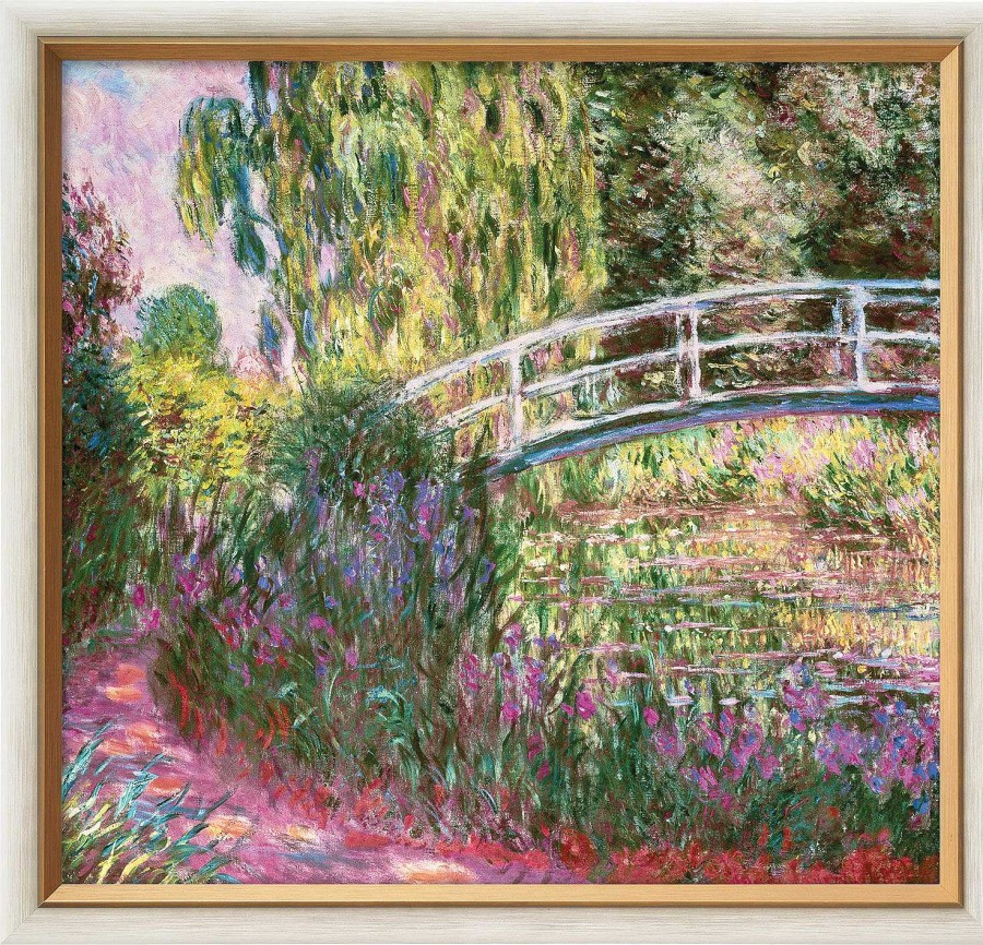 Claude Monet Bild "Die Japanische Brucke Im Garten Von Giverny" (Um 1900), Version Weis-Goldfarben Gerahmt Landschaft