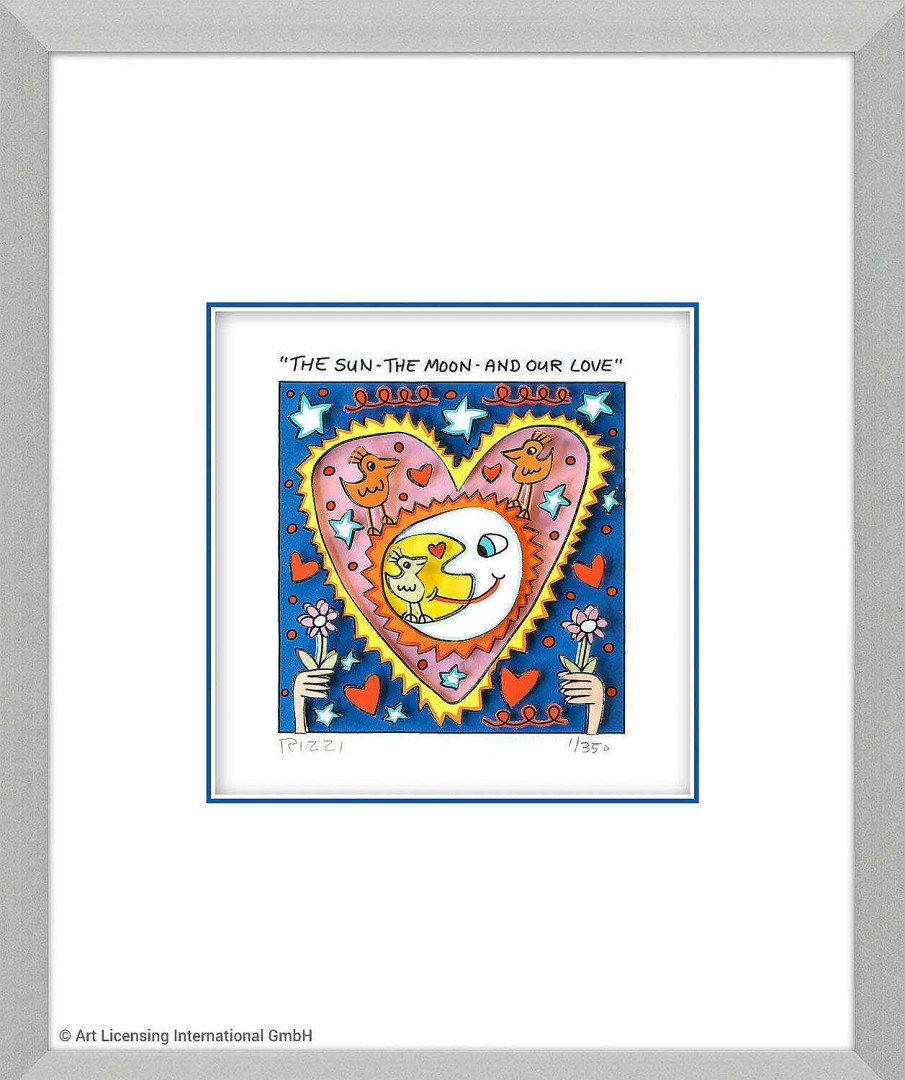 James Rizzi 3D-Bild "The Sun - The Moon - And Our Love" (2022), Gerahmt Druckgrafiken