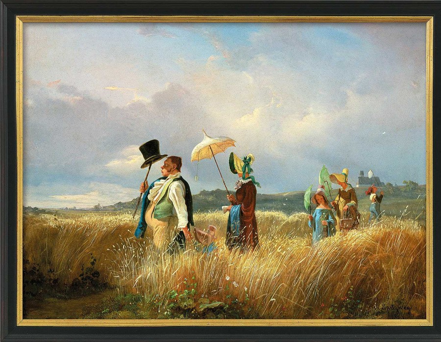 Carl Spitzweg Bild "Der Sonntagsspaziergang" (1841), Version Schwarz-Goldfarben Gerahmt Genreszenen