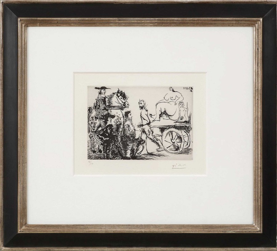 Pablo Picasso Bild "Don Quichotte, Sancho Et Un 'Mousquetaire' Regardant Passer Dulcinee Sur Une Charrette Tiree Par Un Homme Masque, 3.7.68 I" (1968) Genreszenen