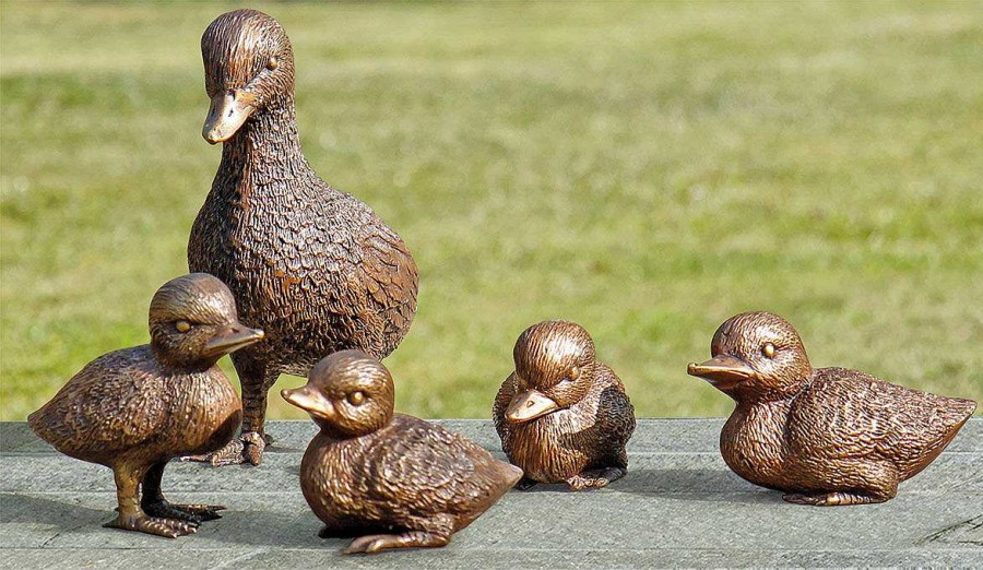 ars mundi 5 Gartenskulpturen "Entenfamilie" Im Set, Bronze Skulpturen