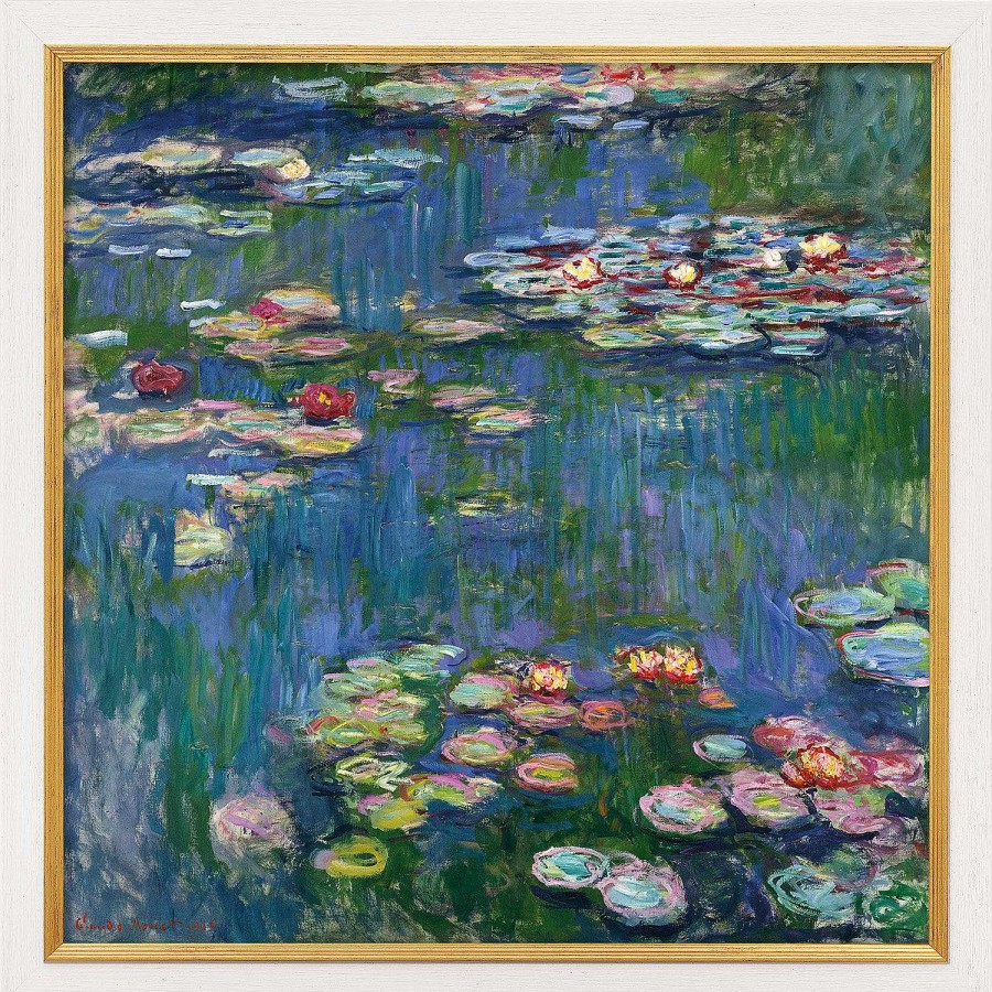 Claude Monet Bild "Seerosen" (1916), Version Weis-Goldfarben Gerahmt Blumen